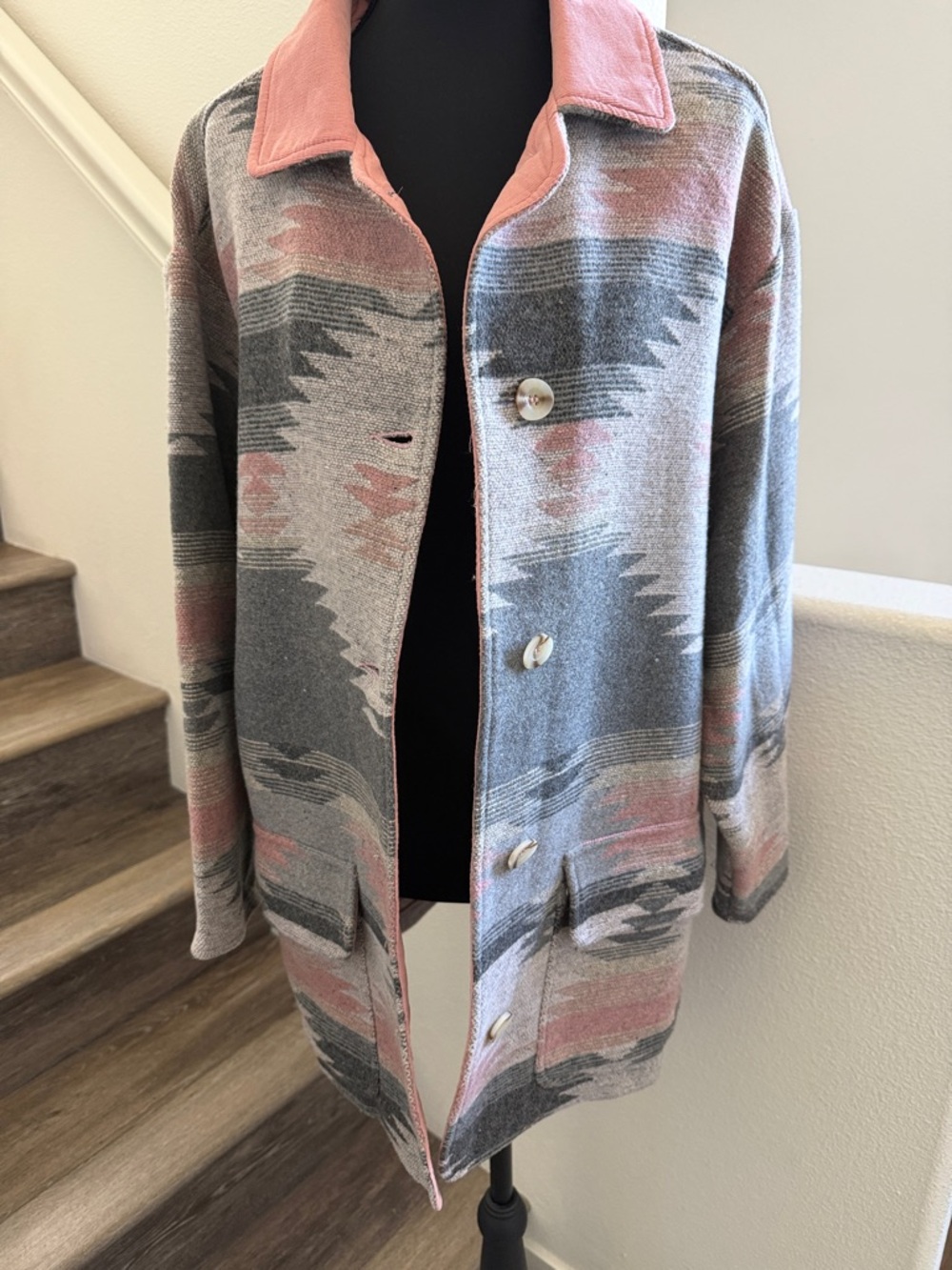 NWT Spool 72 Gray and Pink Aztec-Pattern Button Lightweight Chore Jacket.